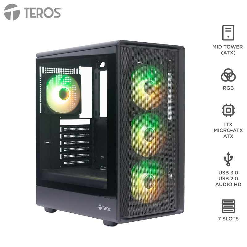 Case sin fuente gamer TEROS TE-1323G, ITX, M-ATX, ATX, 3.5" y 2.5", negro