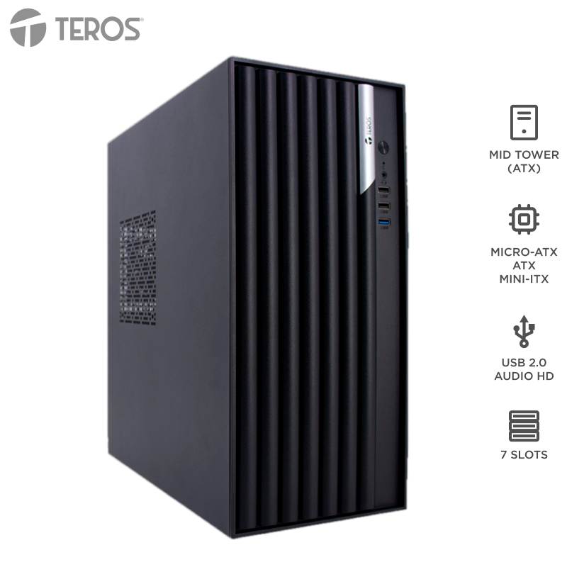 Case TEROS TE-1036S, Factor de forma ATX, 250 W, USB 3.0 / 2.0, audio, negro.