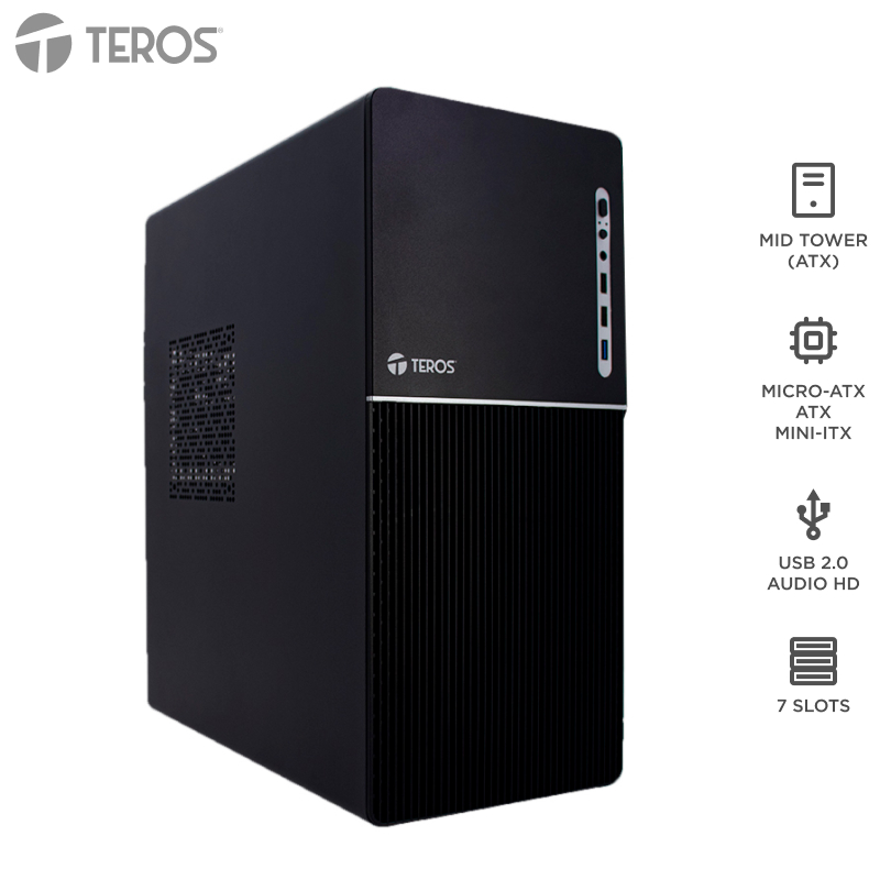 Case Teros TE-1037S, Factor de forma ATX, 250 W, USB 3.0 / 2.0, Audio, Negro.