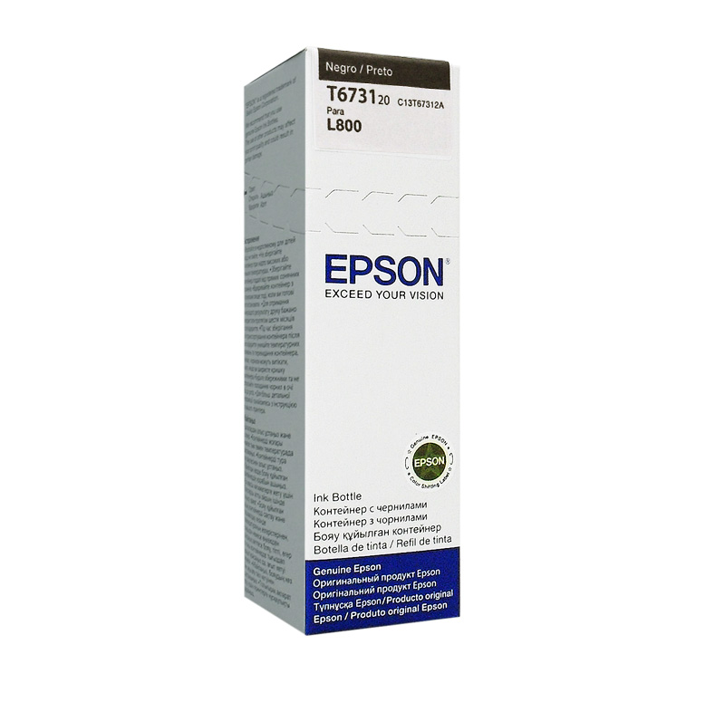 Botella de tinta EPSON 673 (T673120), color negro, contenido 70 ml, para impresora L800.<br> Presentación en caja.<br>