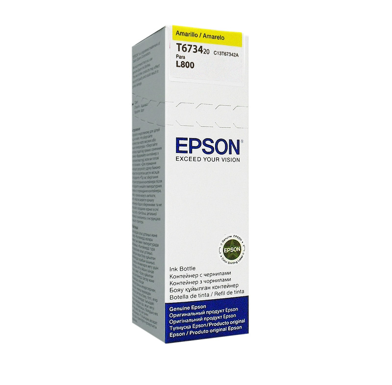 Botella de tinta EPSON 673 (T673420), color amarillo, contenido 70 ml, para impresora L800.<br> Presentación en caja.<br>