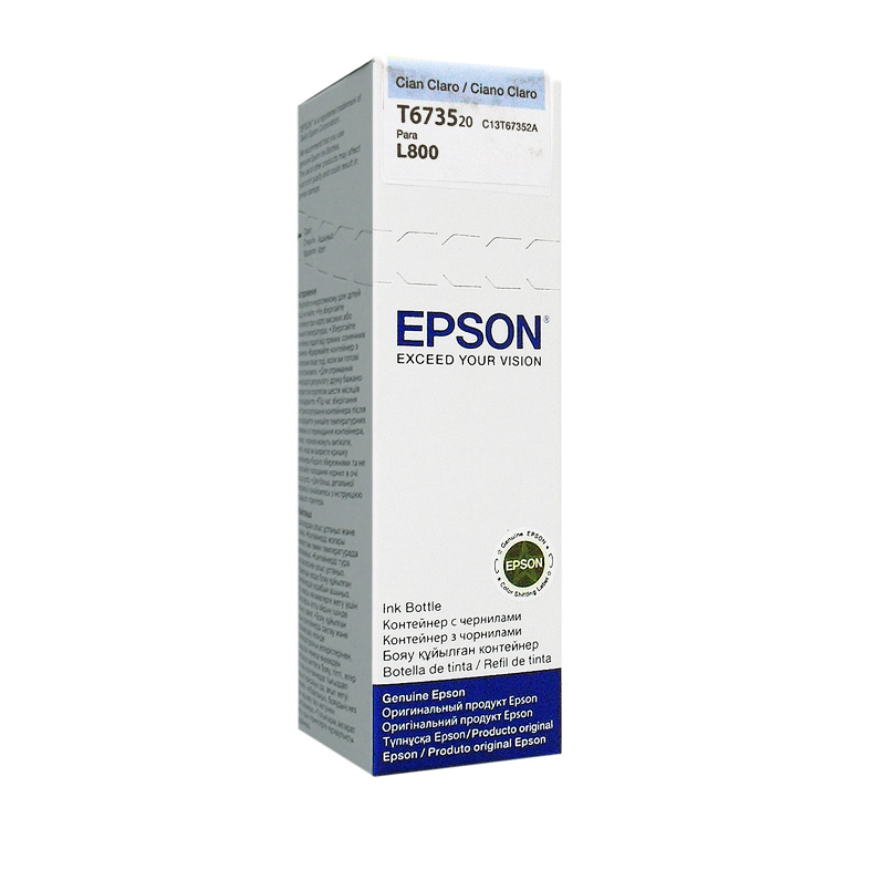 Botella de tinta EPSON 673 (T673520), color cian claro, contenido 70 ml, para impresora L800.<br>Presentación en caja.<br>