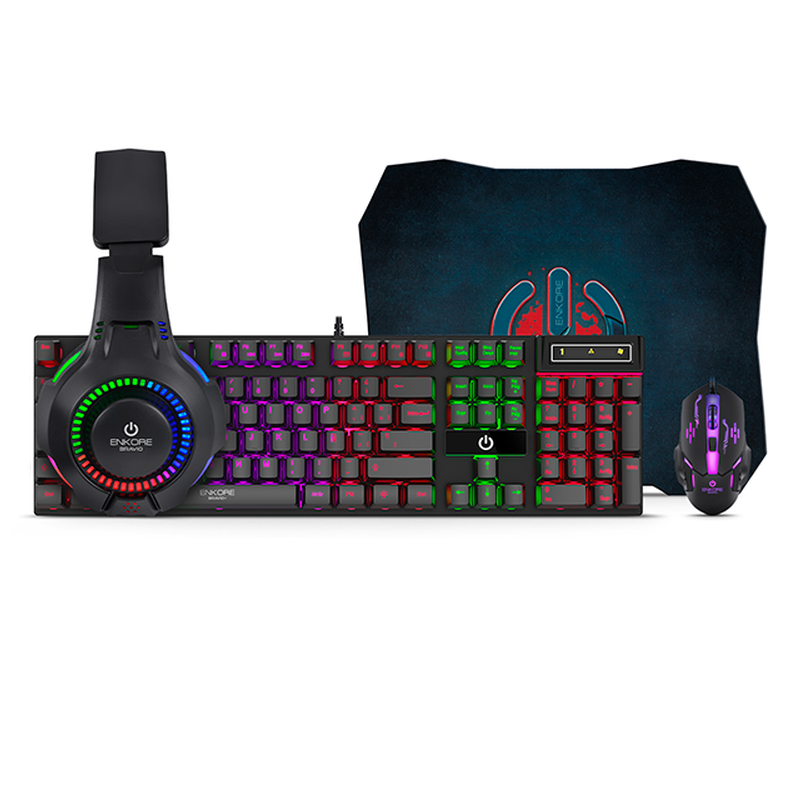 KIT ENKORE GAMER BRAVIO4 TECLADO + MOUSE + AURICULAR + PAD MOUSE ENT G1000-4 / USB / RAINBOW